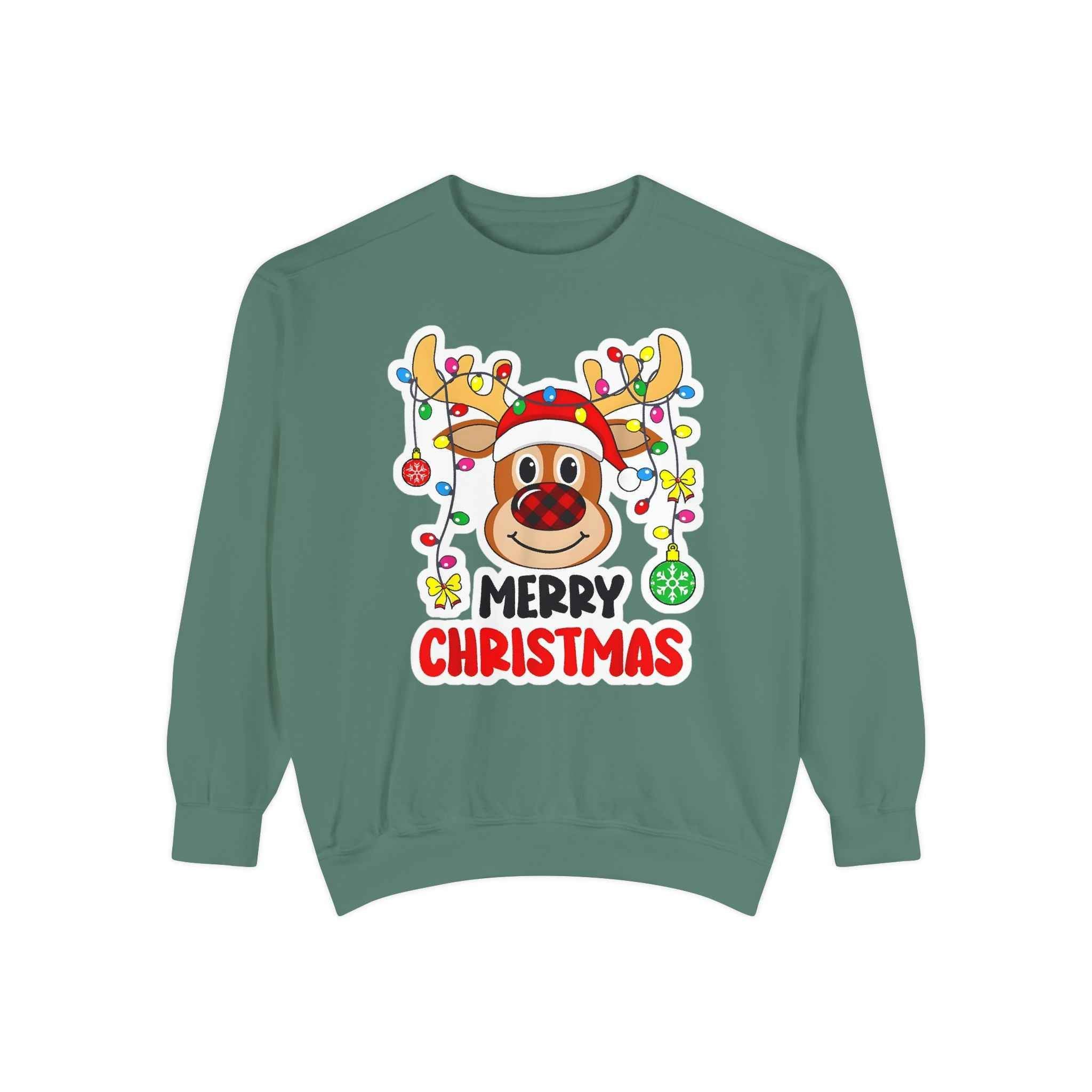Grinchmas Vibes Reindeer Sweatshirt — "Merry Christmas" Front, "Grinchmas Vibes" Back