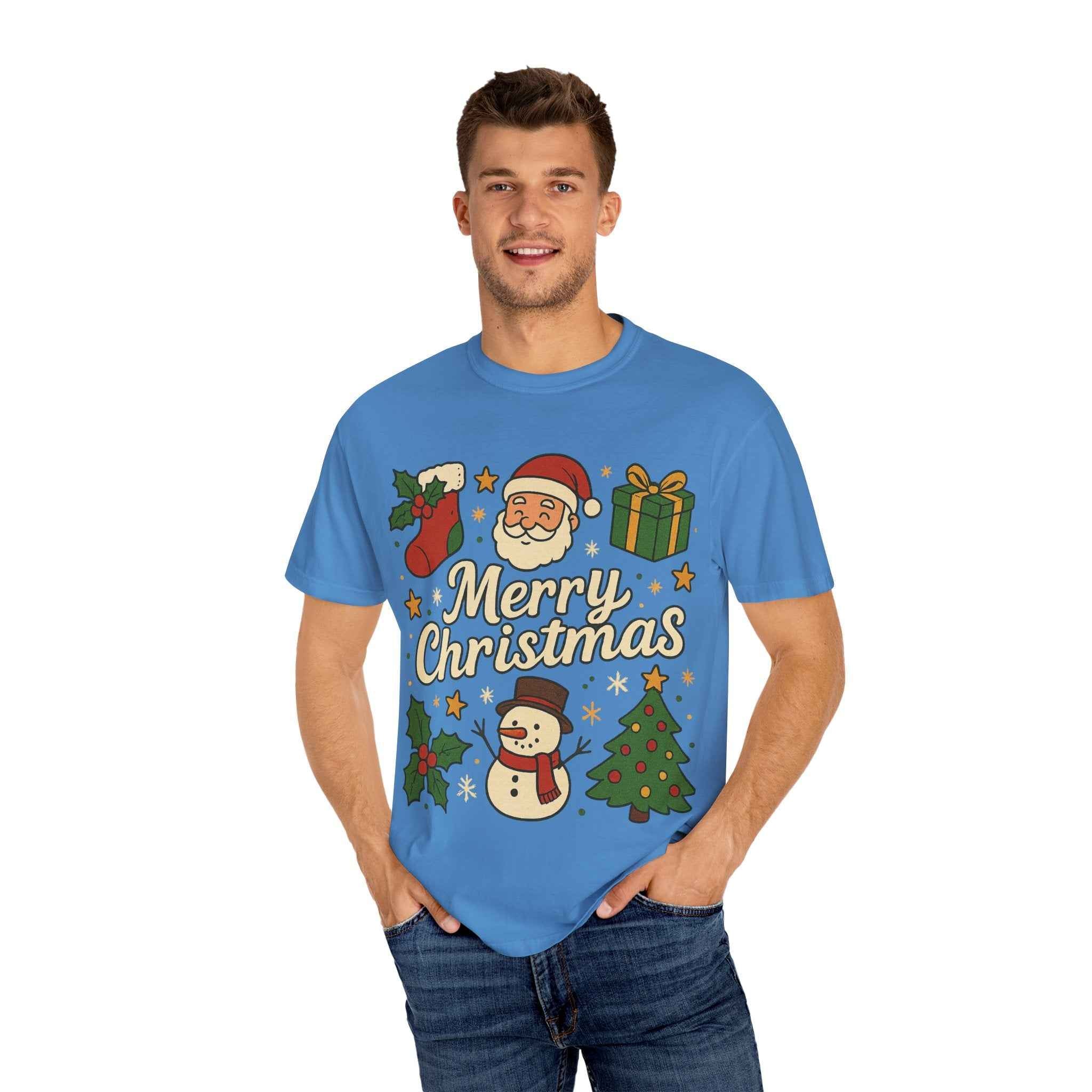 Merry Christmas T-Shirt – Santa Claus, Snowman & Christmas Tree | Holiday Graphic Tee