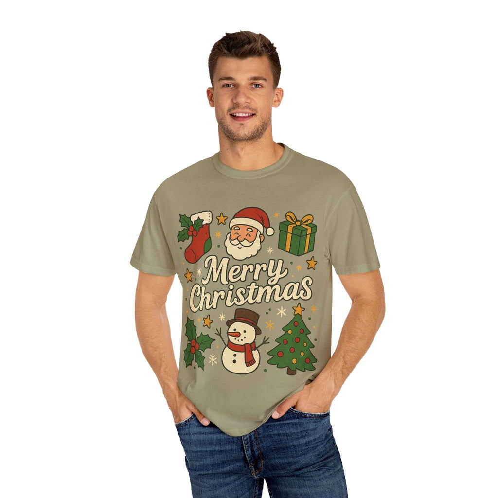 Merry Christmas T-Shirt – Santa Claus, Snowman & Christmas Tree | Holiday Graphic Tee