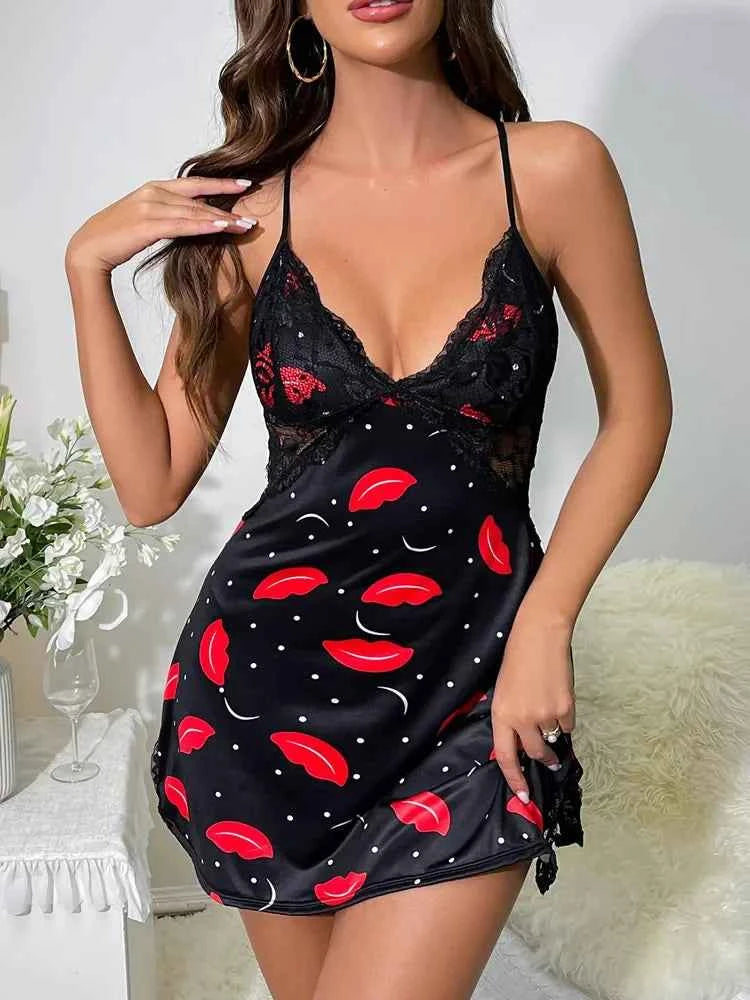 Sexy Nightwear Women Printed Butterfly Nightgown Ladies Sleepwear Homewear Leisure Halter Dresses Girl Black Pyjamas