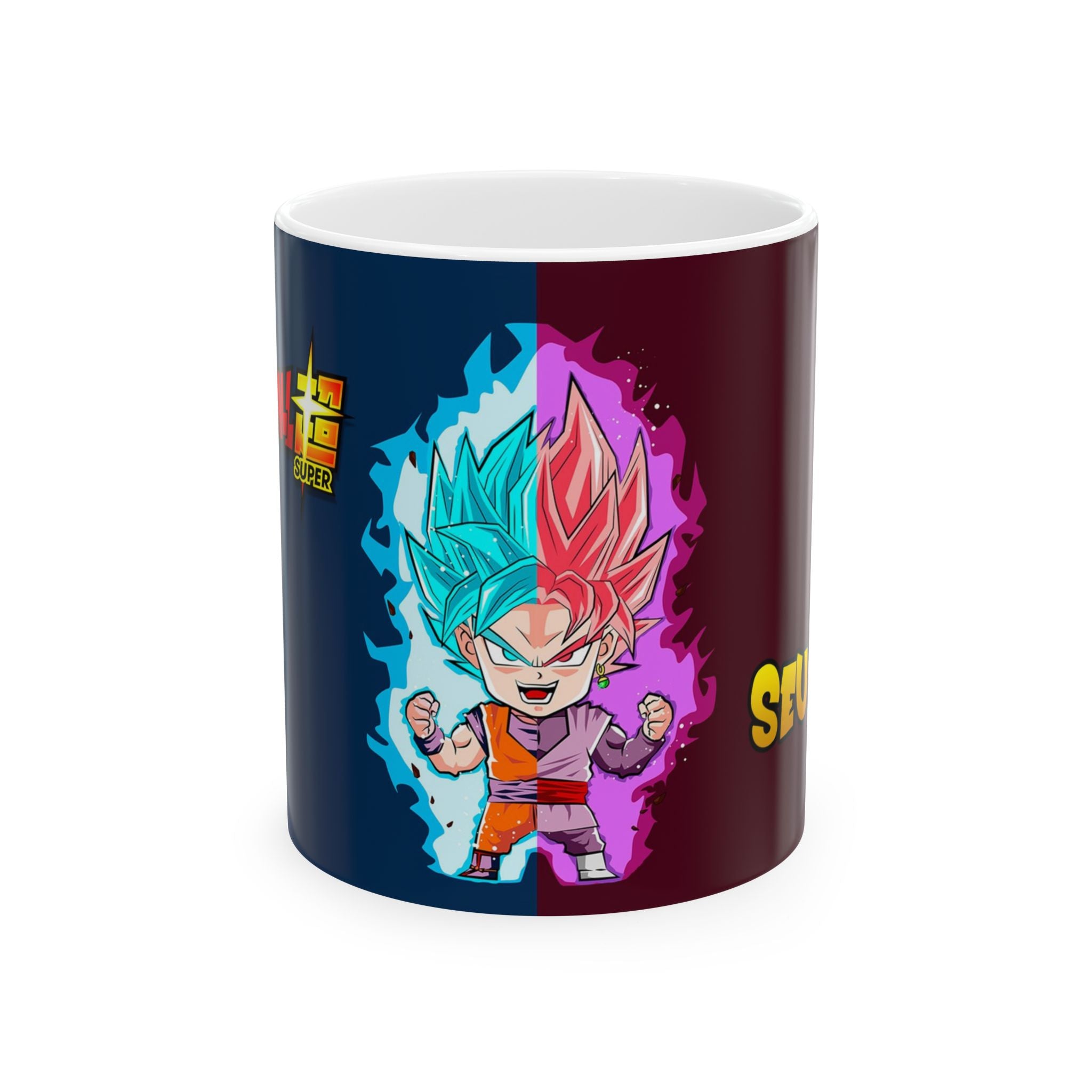 Dragon Warrior Ceramic Mug — Split Super Saiyan Chibi Design (11oz & 15oz)