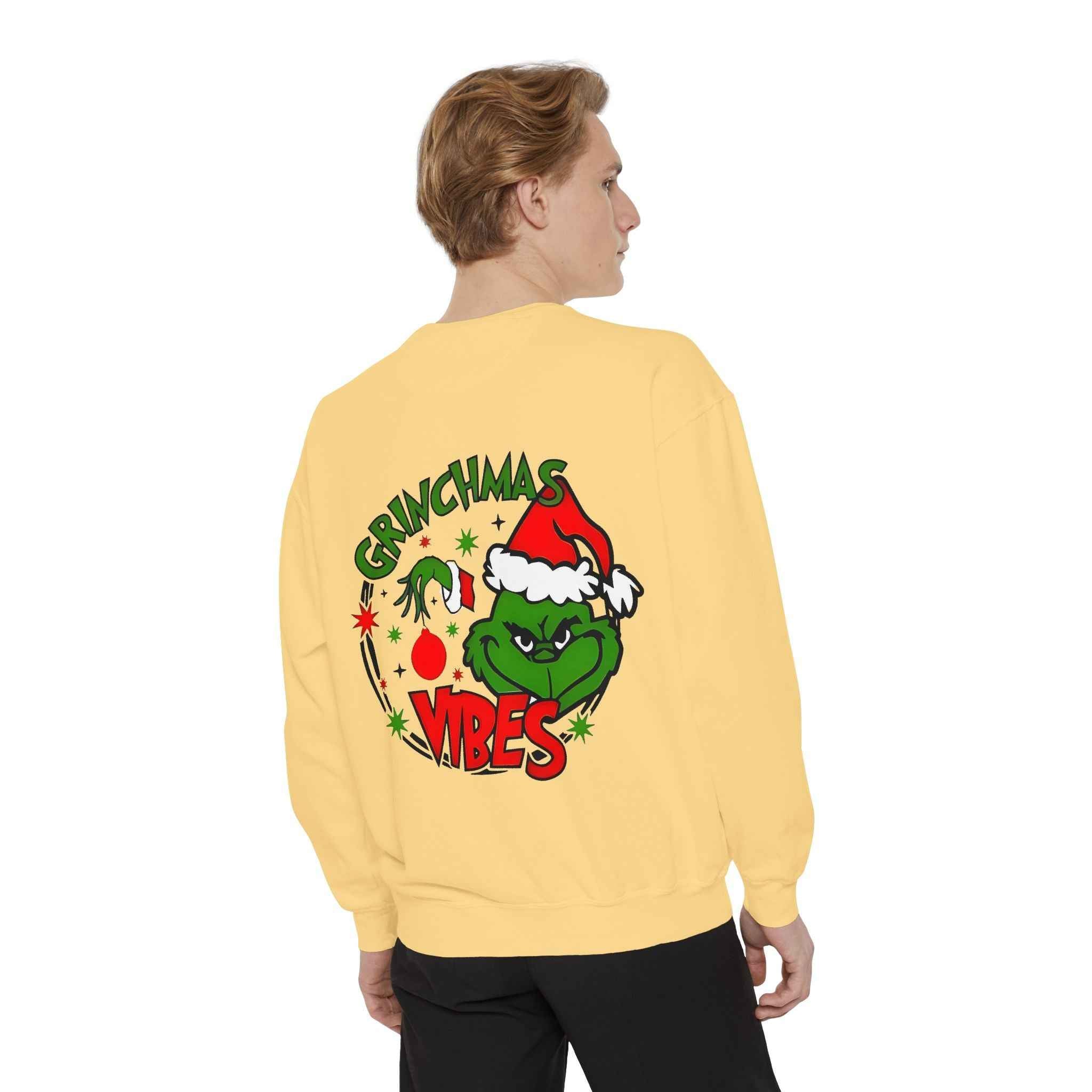 Grinchmas Vibes Reindeer Sweatshirt — "Merry Christmas" Front, "Grinchmas Vibes" Back