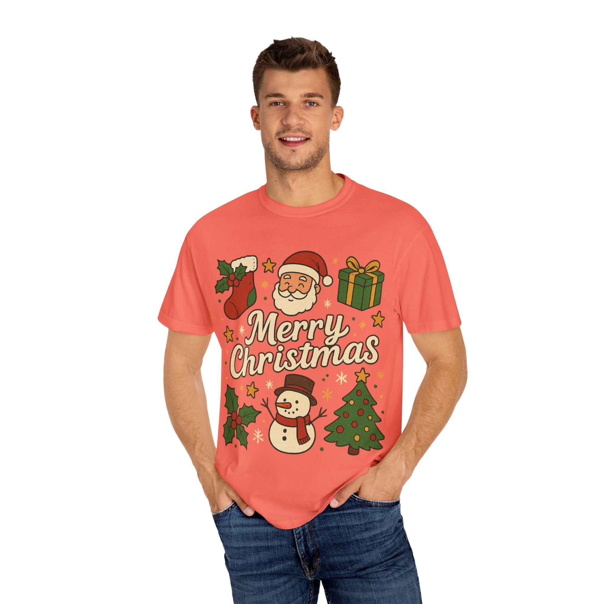 Merry Christmas T-Shirt – Santa Claus, Snowman & Christmas Tree | Holiday Graphic Tee
