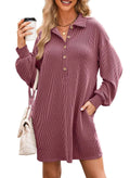AlvaQ Womens Casual Dresses Fall 2024 Long Sleeve Solid Loose Oversized Collared V Neck Knit Shirt Dress with Pockets Trendy Outfits Red Large
