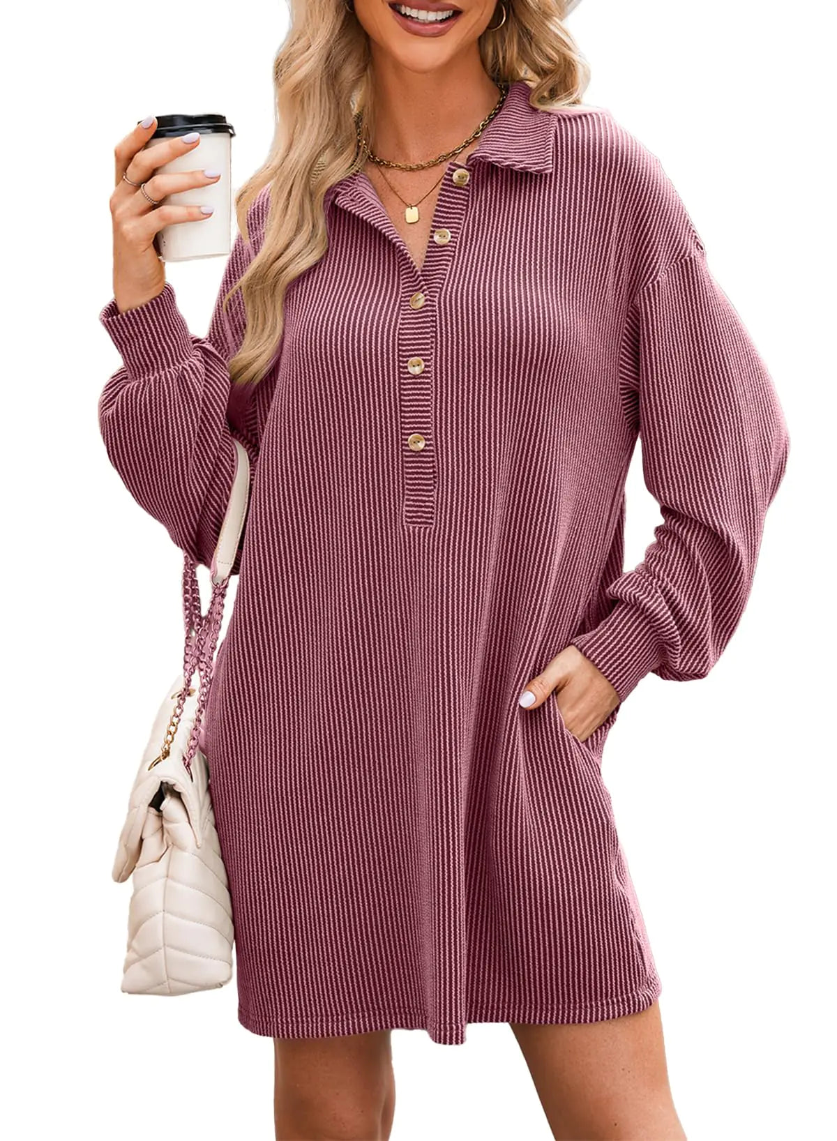 AlvaQ Womens Casual Dresses Fall 2024 Long Sleeve Solid Loose Oversized Collared V Neck Knit Shirt Dress with Pockets Trendy Outfits Red Large