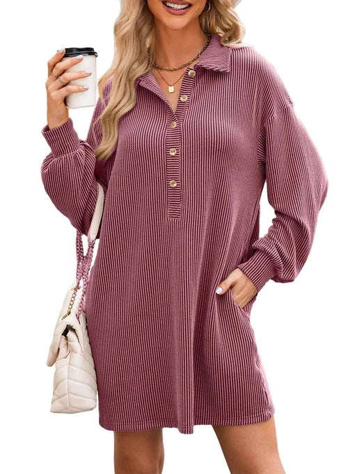AlvaQ Womens Casual Dresses Fall 2024 Long Sleeve Solid Loose Oversized Collared V Neck Knit Shirt Dress with Pockets Trendy Outfits Red Large