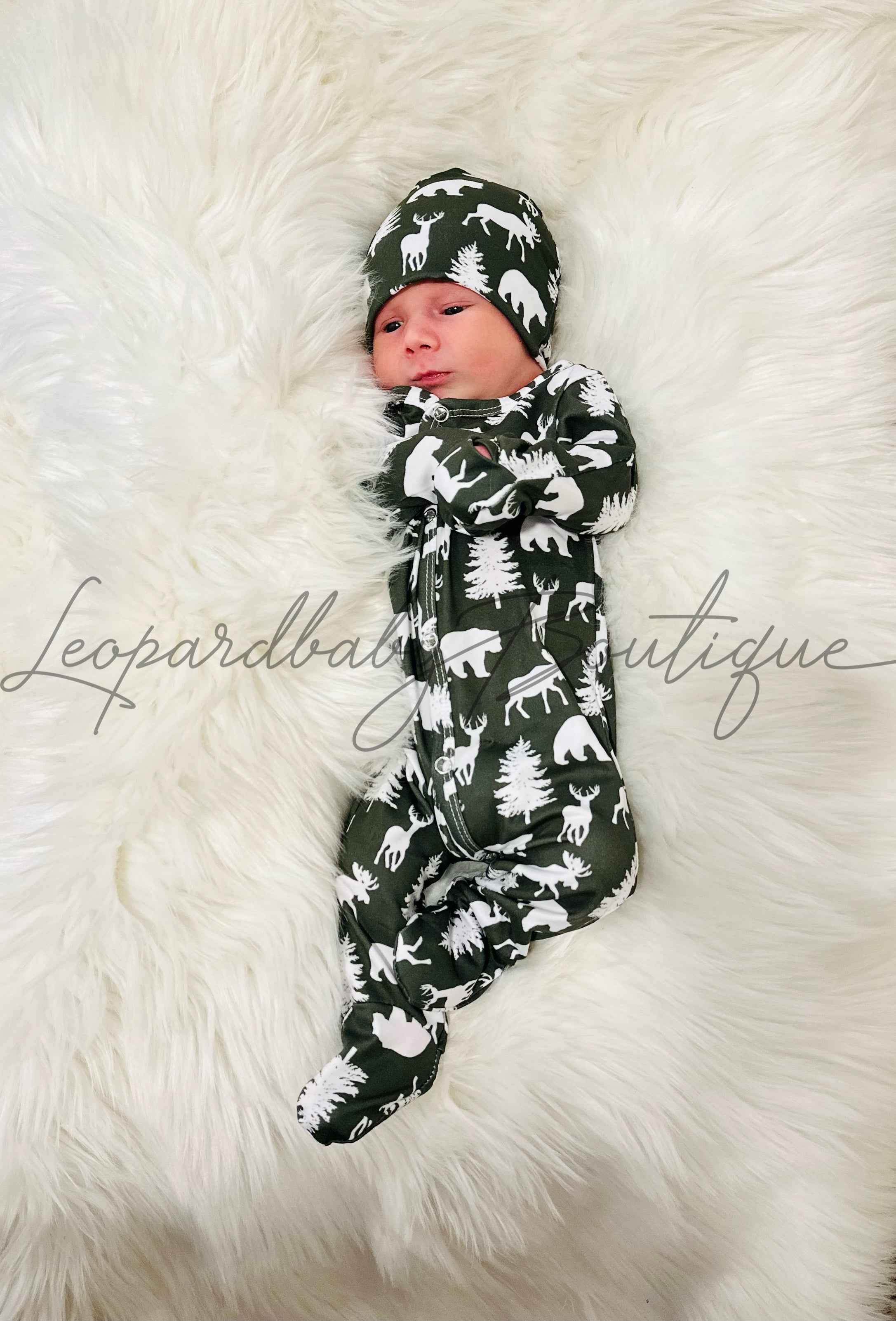 NEWBORN hunter green woodland sleeper Set