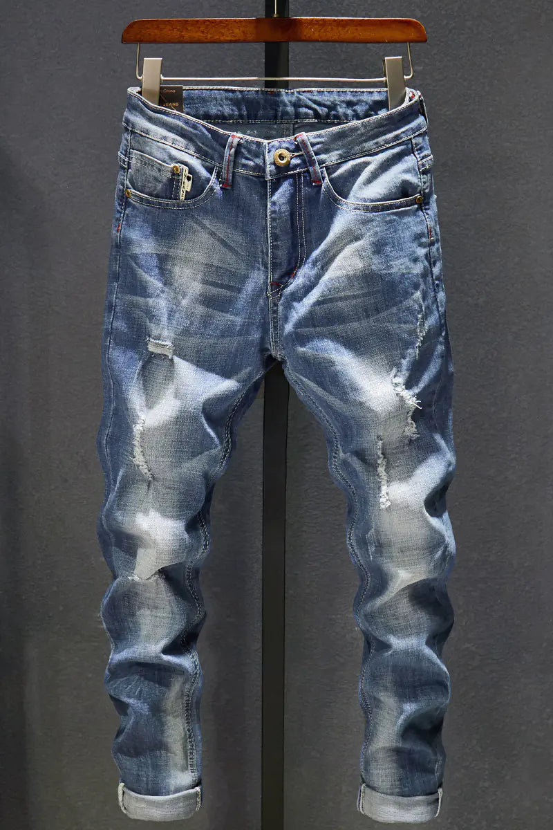 Light Blue Slim Fit Ripped Stretch Jeans for Men