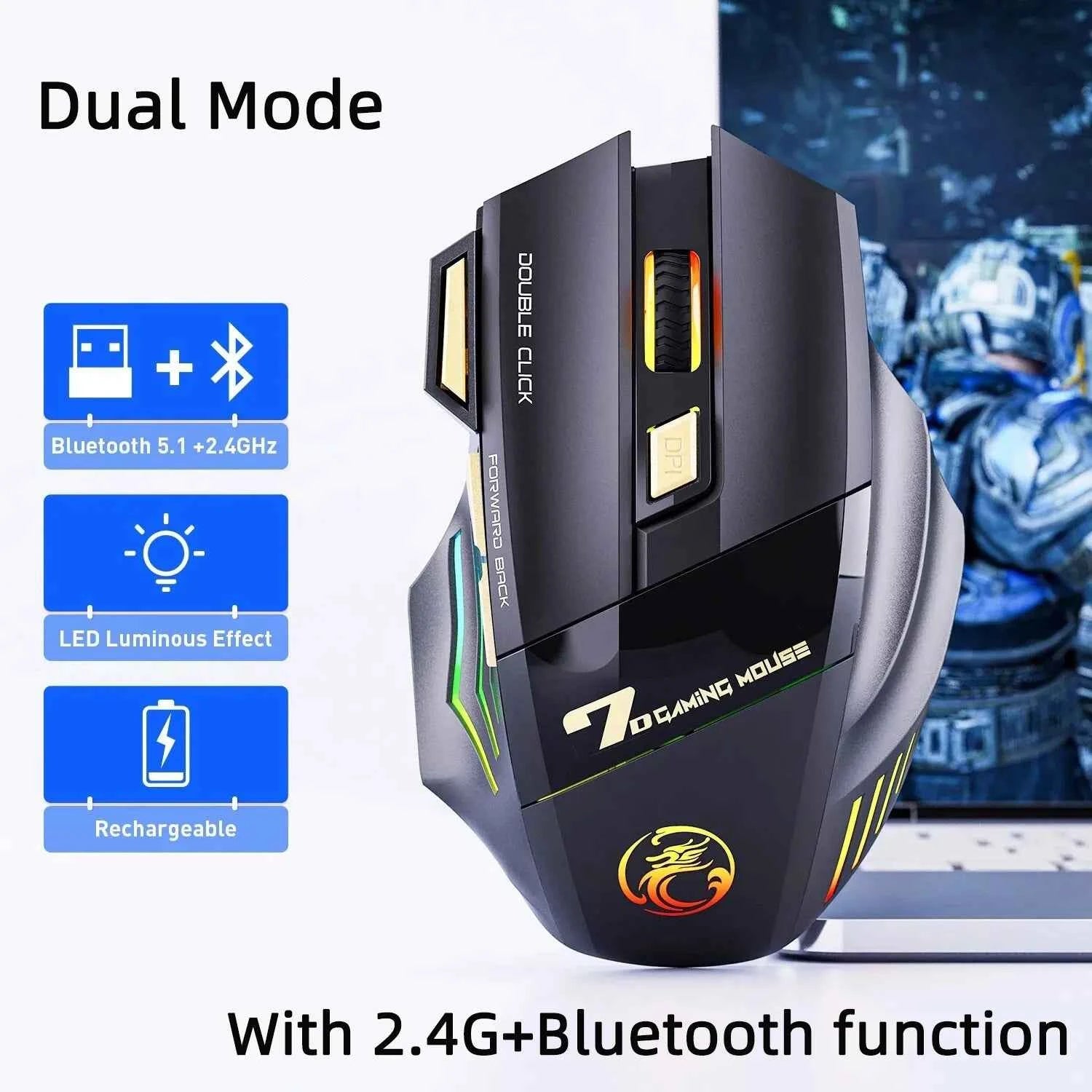 Wireless Gaming Mouse USB IMICE GW-X7 3200DPI Dual Mode Rechargeable 7 Keys 2.4Ghz Silent Mouse Bluetooth 7-color Breathing LED