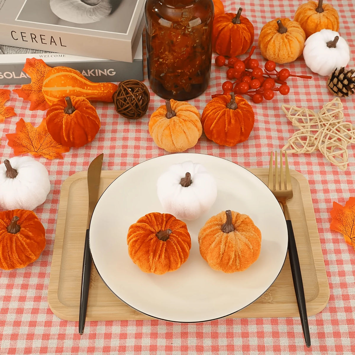 9pcs Velvet Mini Artificial Pumpkins, Soft Faux Fabric Pumpkin Ornaments, Fall Harvest Table Decor for Halloween Thanksgiving