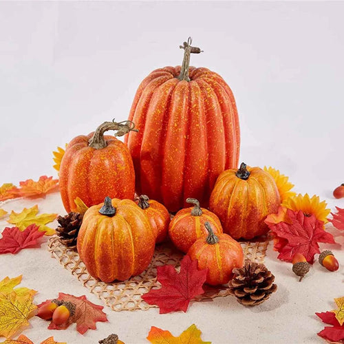 7pcs Artificial Pumpkins Assorted Fake Simulation Pumpkin for Halloween Thanksgiving Party Home Decoration Gifts