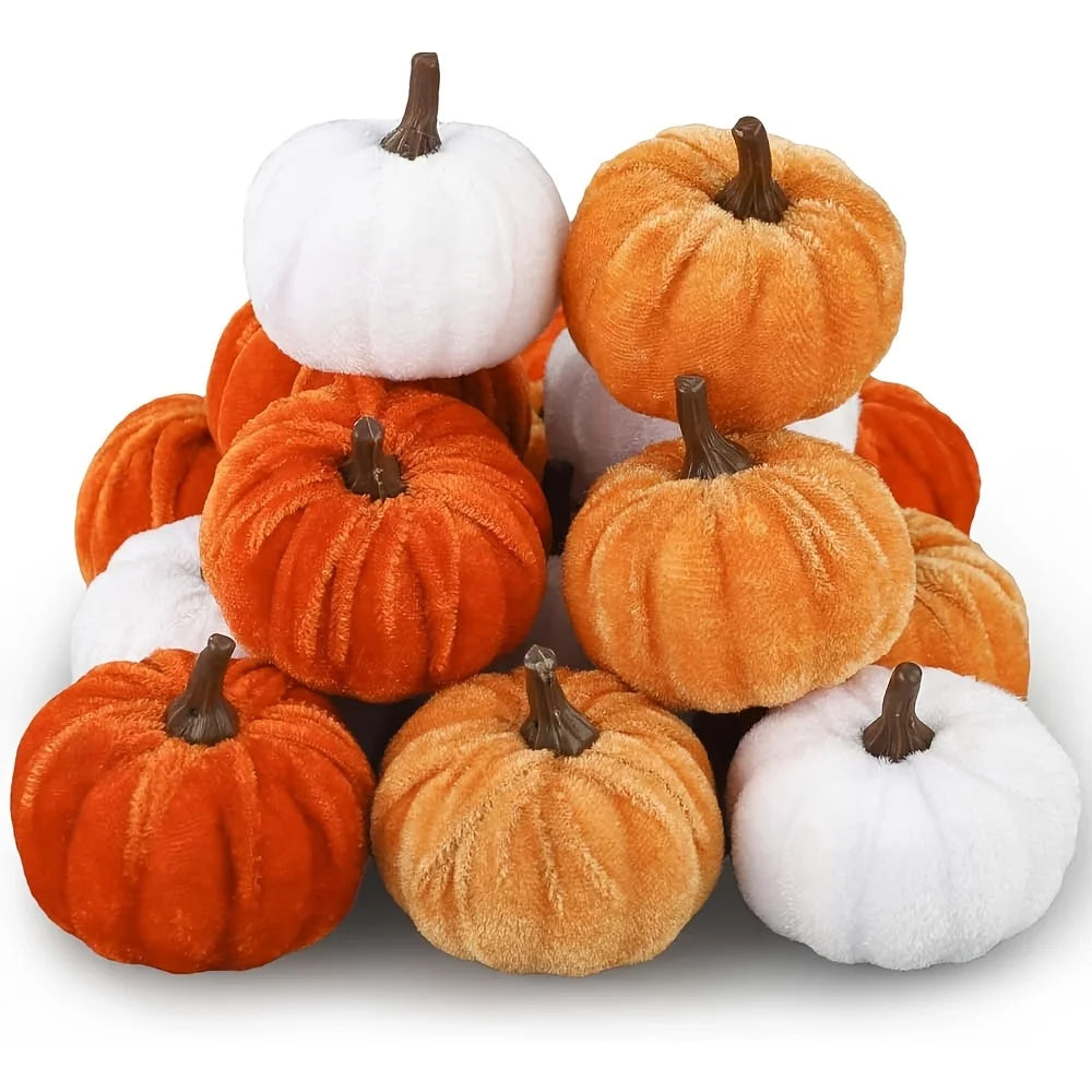 9pcs Velvet Mini Artificial Pumpkins, Soft Faux Fabric Pumpkin Ornaments, Fall Harvest Table Decor for Halloween Thanksgiving