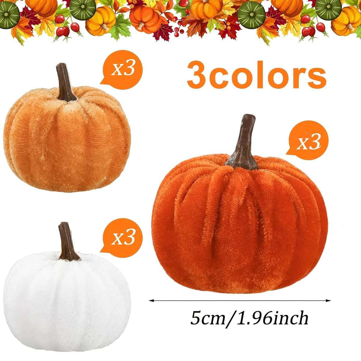 9pcs Velvet Mini Artificial Pumpkins, Soft Faux Fabric Pumpkin Ornaments, Fall Harvest Table Decor for Halloween Thanksgiving