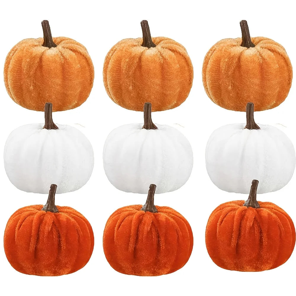 9pcs Velvet Mini Artificial Pumpkins, Soft Faux Fabric Pumpkin Ornaments, Fall Harvest Table Decor for Halloween Thanksgiving