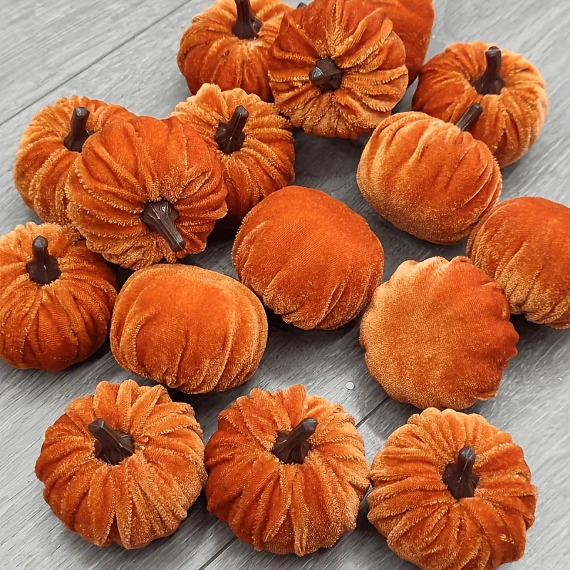 9pcs Velvet Mini Artificial Pumpkins, Soft Faux Fabric Pumpkin Ornaments, Fall Harvest Table Decor for Halloween Thanksgiving