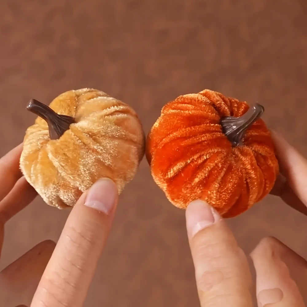 9pcs Velvet Mini Artificial Pumpkins, Soft Faux Fabric Pumpkin Ornaments, Fall Harvest Table Decor for Halloween Thanksgiving