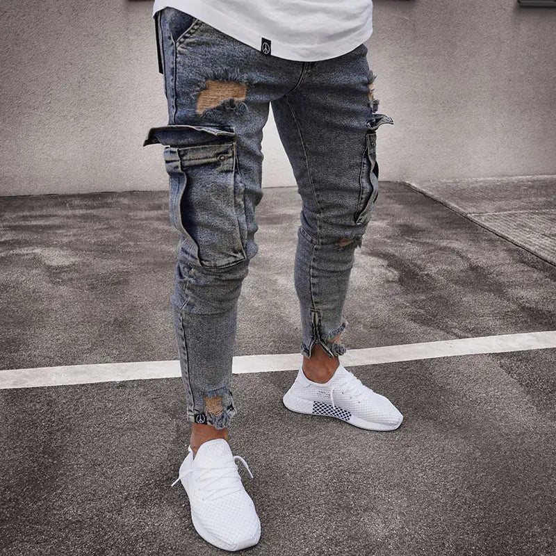 Trendy Ripped Zipper Slim Fit Stretch Jeans for Men
