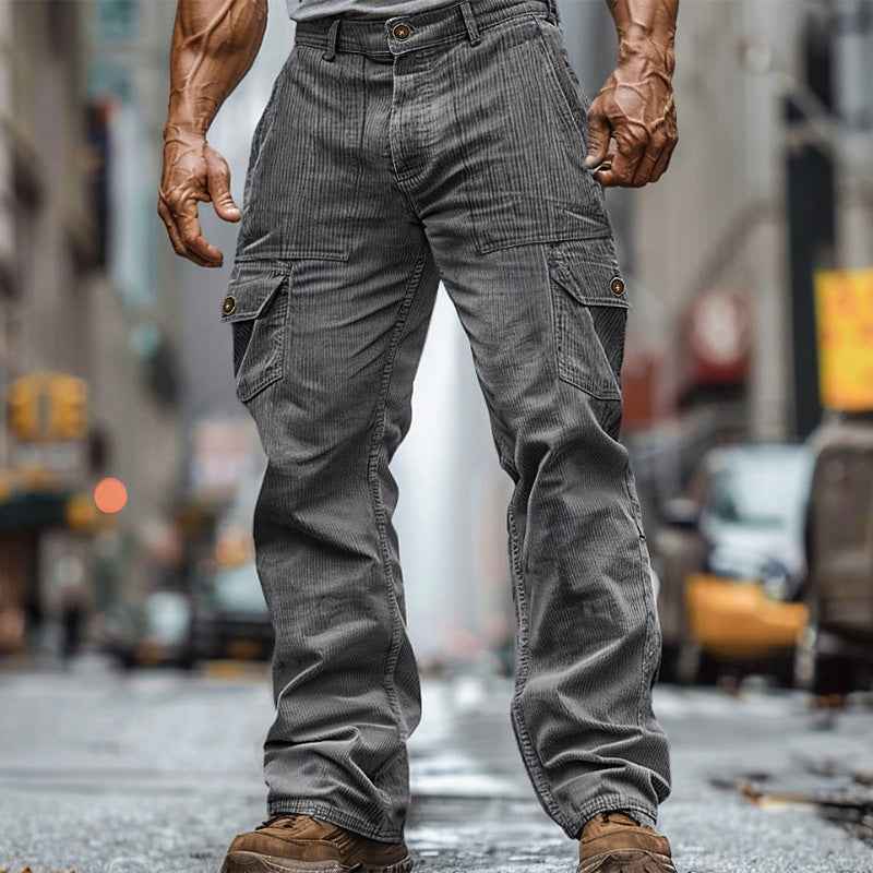 Corduroy Wear-resistant Casual Elastic Waist Multi-pocket Pure Color Comfort Men's Overalls