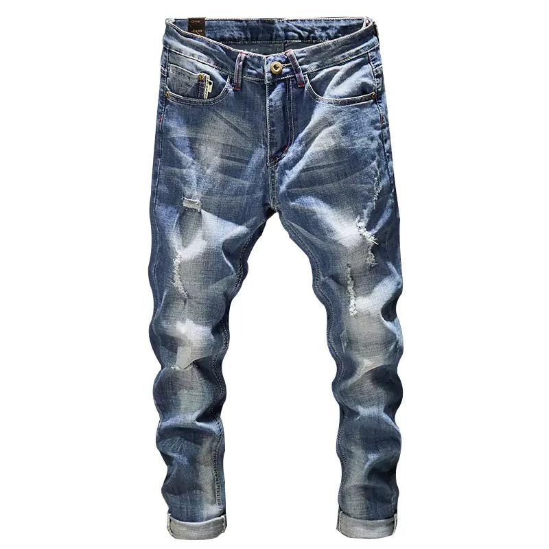 Light Blue Slim Fit Ripped Stretch Jeans for Men