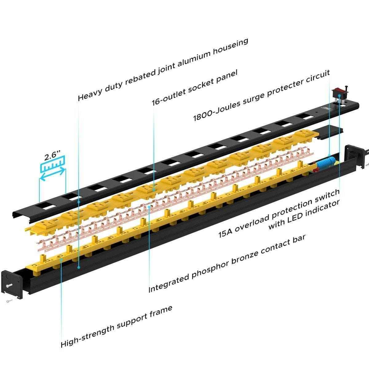 CRST Wideoutlets 2.6" Wide Spaced 12 Outlets Mountable Metal Power Strip Surge Protector with 1800 Joule Protection & EMI Filter Heavy Duty Construction 15A Circuit Breaker Included