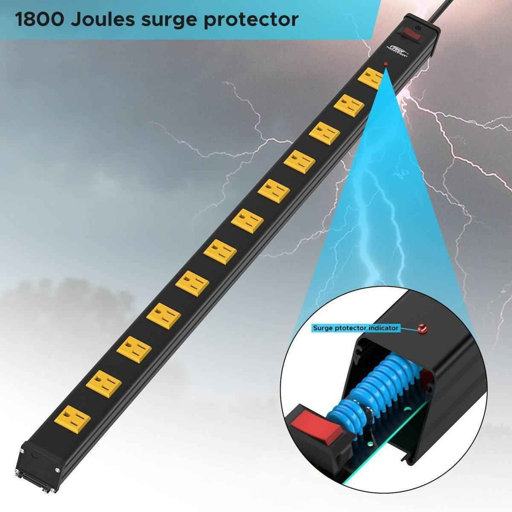 CRST Wideoutlets 2.6" Wide Spaced 12 Outlets Mountable Metal Power Strip Surge Protector with 1800 Joule Protection & EMI Filter Heavy Duty Construction 15A Circuit Breaker Included